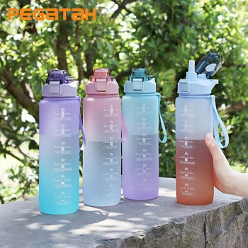 1000ML Degrade Spor Su Şişesi Saman ile Taşınabilir Açık Seyahat Sızdırmaz Drinkware Plastik BPA Ücretsiz içecek bardakları  10