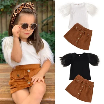 2 Adet Giysi Set Bebek Kız Kürk Kısa Kollu Katı T Shirt Tops Düğme A-Line Etekler 2-7Y  10