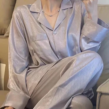 2 Parça Kadın Pijama Seti Bahar Sonbahar Yeni Düğmeler Uzun Kollu Pijama Seti Kadın İpek Moda Lüks Saten Pijama Seti  1