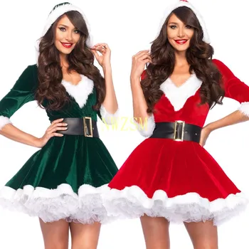 2020 Yetişkin Bayan Kadın Slim Fit Kapşonlu Seksi Kadife Noel Takım Elbise Kostümleri Kadın Noel Baba Cosplay Noel fantezi parti elbisesi  10
