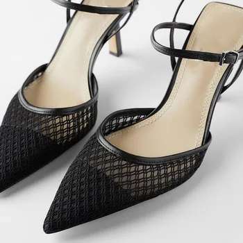 2021 Yaz Yeni kadın ayakkabısı Siyah Örgü Stiletto Topuk Sivri Burun Moda Seksi Toka Sandalet Kadın  10