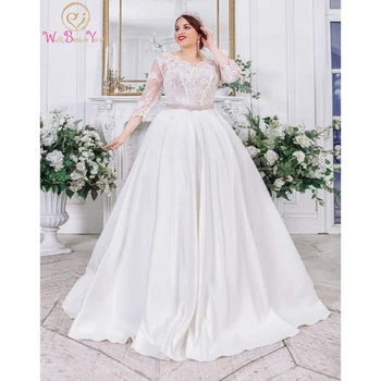 2022 düğün elbisesi 3/4 Üç Çeyrek Kollu Artı Boyutu Balo Dantel Saten Uzun gelin kıyafeti Kadınlar Zarif gelinlik  10