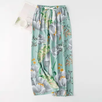 2022 Ev Pantolon Kadın İlkbahar Yaz İnce Uyku Pantolon Çiçek Baskılı Pijama Pantolon Geniş Bacak Gevşek Artı Boyutu Buzağı uzunlukta Dipleri  1