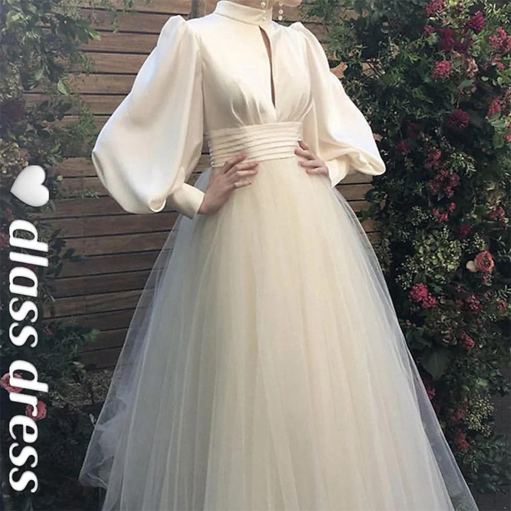 2022 Zarif A-Line düğün elbisesi Jewel Boyun Kat Uzunluk Saten Tül Uzun Kollu Basit Vintage Dantelli Vestidos De Fiesta