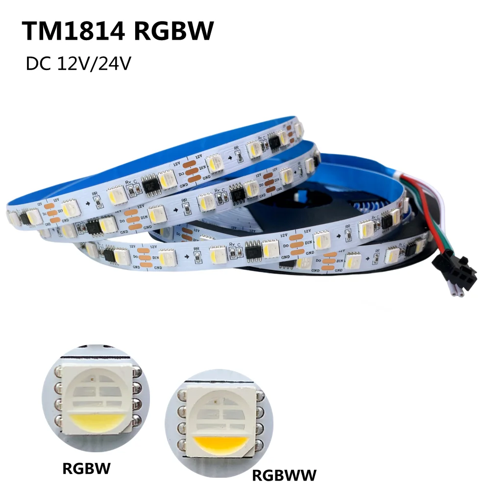 5 M DC12V / 24 V TM1814 RGBW LED Şerit 60 LEDs / m 5050 SMD Piksel LED ışık şeridi IP20 IP67 Beyaz / Siyah PCB 1 IC Sürücü 3/6 Leds