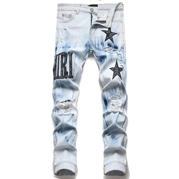 Avrupa Amerikan Tarzı erkek Moda Yırtık Streç Kot Slim Fit Mektup Yıldız Pantolon Rahat Hip Hop Pantolon Sokak Tarzı Giyim  10