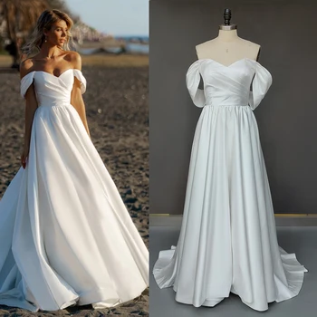 Basit Lüks Saten Kapalı Omuz gelinlikler Artı Boyutu Custom Made Büzgülü Backless Minimalist V Boyun Dantelli Tüp düğün elbisesi  10