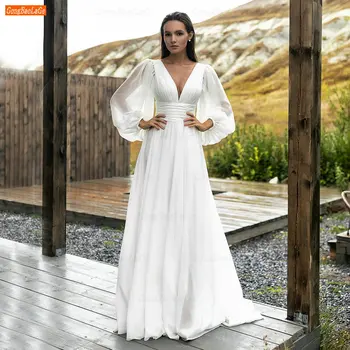 Basit Uzun Puf Kollu Şifon düğün elbisesi Gelin İçin 2022 Trouwjurk Bir Çizgi Backless Plaj Gelin Kıyafeti Bohemia Robe De Mariée  10