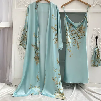 Baskı 2 adet Elbise uyku tulumu Kadınlar Gelin Kimono Bornoz Elbisesi Iç Çamaşırı Saten V Yaka Pijama Askısı Gecelik Loungewear  10