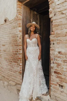 Boho Spagetti Kayışı düğün elbisesi Kadınlar İçin 2022 Dantel Nakış gelinlikler Tül Sweep Tren Gelin Elbiseler Vestidos De Novia  10