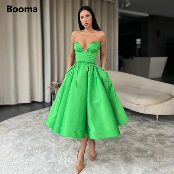 Booma Seksi Yeşil Saten Midi balo kıyafetleri Sevgiliye Çay Boyu A-Line Balo Abiye Cepler Örgün Akşam Parti Elbiseler  10