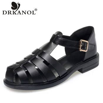 DRKANOL Moda Düz Topuk Sandalet Kadın Yaz Ayakkabı Yumuşak Taban Bölünmüş Deri Tüm Maç Flats Casual Roma Sandalet Büyük Boy 42 43  10
