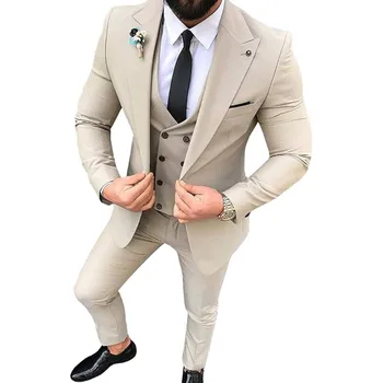 Erkek Takım Elbise 3 Adet Slim Fit Casual Groomsmen Ordu Yeşil Şampanya Yaka İş Smokin Resmi Düğün için(Blazer + Pantolon + Yelek)  10