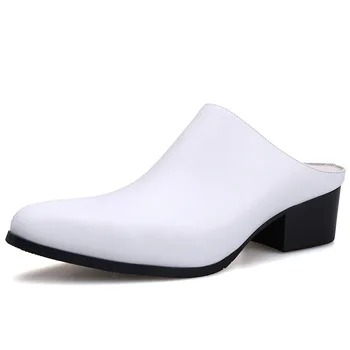 Erkek Yarım Terlik 5CM Yüksek Topuklu Ayakkabılar Siyah Mavi Beyaz Yaz Ofis Sandalet Hakiki Deri Sivri Burun 2022 Moda Slaytlar  10