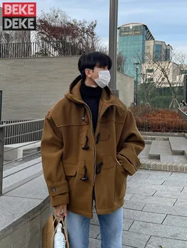 Erkek Yün Karışımı Ceket Kolej Tarzı Tasarımcı Boynuz Toka Kapşonlu Casual Ceket Kore Tarzı Gevşek Moda Erkek Giyim Ceketler  10