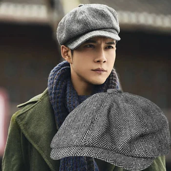 Erkekler Bere Vintage Balıksırtı Gatsby Tüvit Peaky Blinders Şapka Newsboy Bere Şapka Bahar Kış Düz Bere Şapka Doruğa  10