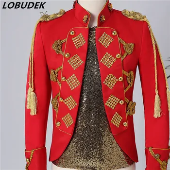 Gece kulübü Erkek Şarkıcı Performans Giyim Kırmızı Mahkemesi Elbise Saçak Apolet Perçin Ceket Standı Yaka Ince Blazer Ceket Sahne Kostüm  10