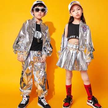 Hip Hop Erkek Gümüş Ceket Kız Caz koşucu pantolonu Sokak Dansı Mini Etek Elbise Setleri Çocuklar Pullu Kostümleri Çocuk Streetwear  10