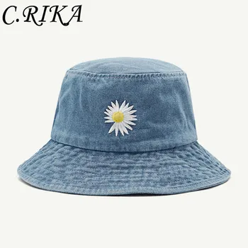 INS Kore GD Nakış Papatya Kova Şapka Kadınlar İçin Yaz Güneş Kapaklar Moda Yıkanmış Denim Panama Balıkçı Şapka güneş şapkası Toptan  10