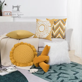 Iskandinav Modern INS Tarzı minder örtüsü Sarı Beyaz Çizgili Işlemeli Örme Dekoratif Yastıklar Ev Kanepe Sandalye Yatak Yastık Kılıfı  10
