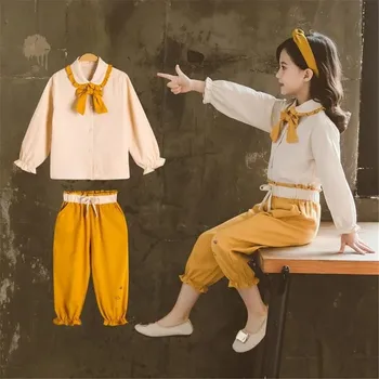 İlkbahar ve Sonbahar Kızlar günlük giysi 2022 Yeni Kore Versiyonu Pamuk Düz Renk Kısa ve Pantolon Kız Giyim 2 Parça Set  10