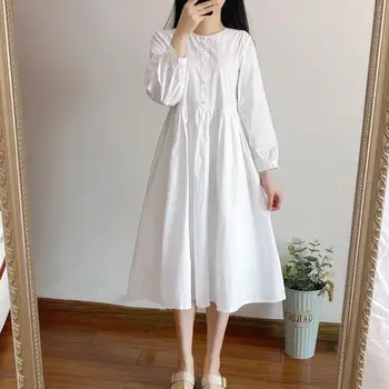 Japon elbise bayanlar edebi saf renk yuvarlak boyun düzenli kollu orta uzunlukta elbise bayanlar 2021 ilkbahar ve sonbahar modelleri  10