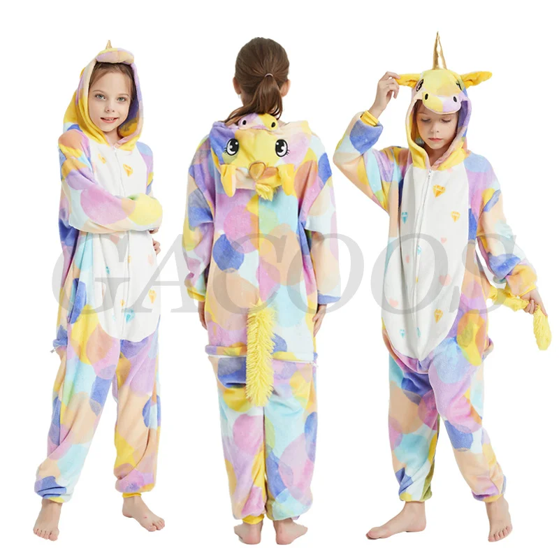 Kigurumi Unicorn Pijama Çocuklar Kış Panda Onesies Uyku Tulumlar Pijama Büyük Erkek Kız Pazen Pijama Seti Hayvan Pijama
