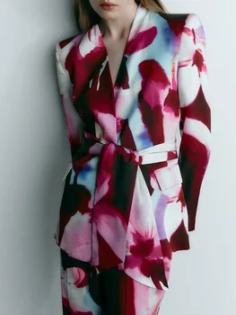 Kumsvag 2022 Yaz Kadın Baskı Blazers Palto Takım Elbise Moda V Yaka Uzun Kollu Sashes Bow Kadın Rahat Sokak Blazer Giyim  10