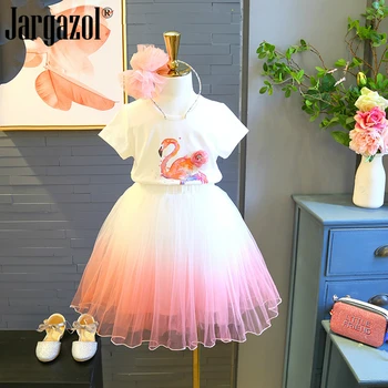 Kız giyim setleri 2019 Yaz Sevimli Prenses Kız Flamingo Gömlek + Gazlı Bez Elbise 2 ADET Ananas Çocuk giyim  10