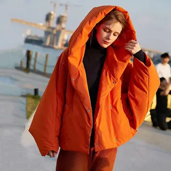 Kış kadın Parkas Moda Gelgit Gevşek Kabarık Turuncu Kırmızı Büyük Boy Aşağı Ceket Yeni Kapşonlu Uzun Kollu Sıcak Palto F2531  10