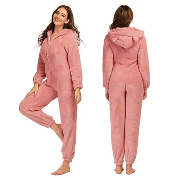 Kış Sıcak Pijama Kadın Kızlar Onesies Kabarık Polar Tulumlar Kıyafeti Genel Kapşonlu Setleri Pijama Yetişkin Kadın Artı Boyutu  10