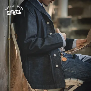 Maden Yıkanmış Denim Ceketler Erkek Vintage İş Giysisi Takım Elbise Mont Pamuk Katı Sığır Avcılık Denim Yaka Ceket Erkek Giyim  10