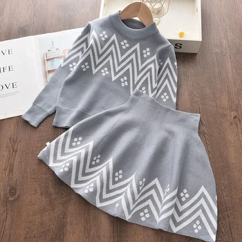 Melario Kız Elbise 2022 Kış Geometrik Desen Elbise Uzun Kollu Kız Elbise pardösü + Tutu Elbise Kazak Triko 2 adet  10