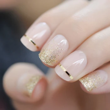 Moda Kısa Çıplak Fransız Nail İpuçları Yanlış Nails Jel Altın Glitter Yapay Basın Sahte Tırnak Salonu Dekore Tam Kapak  10