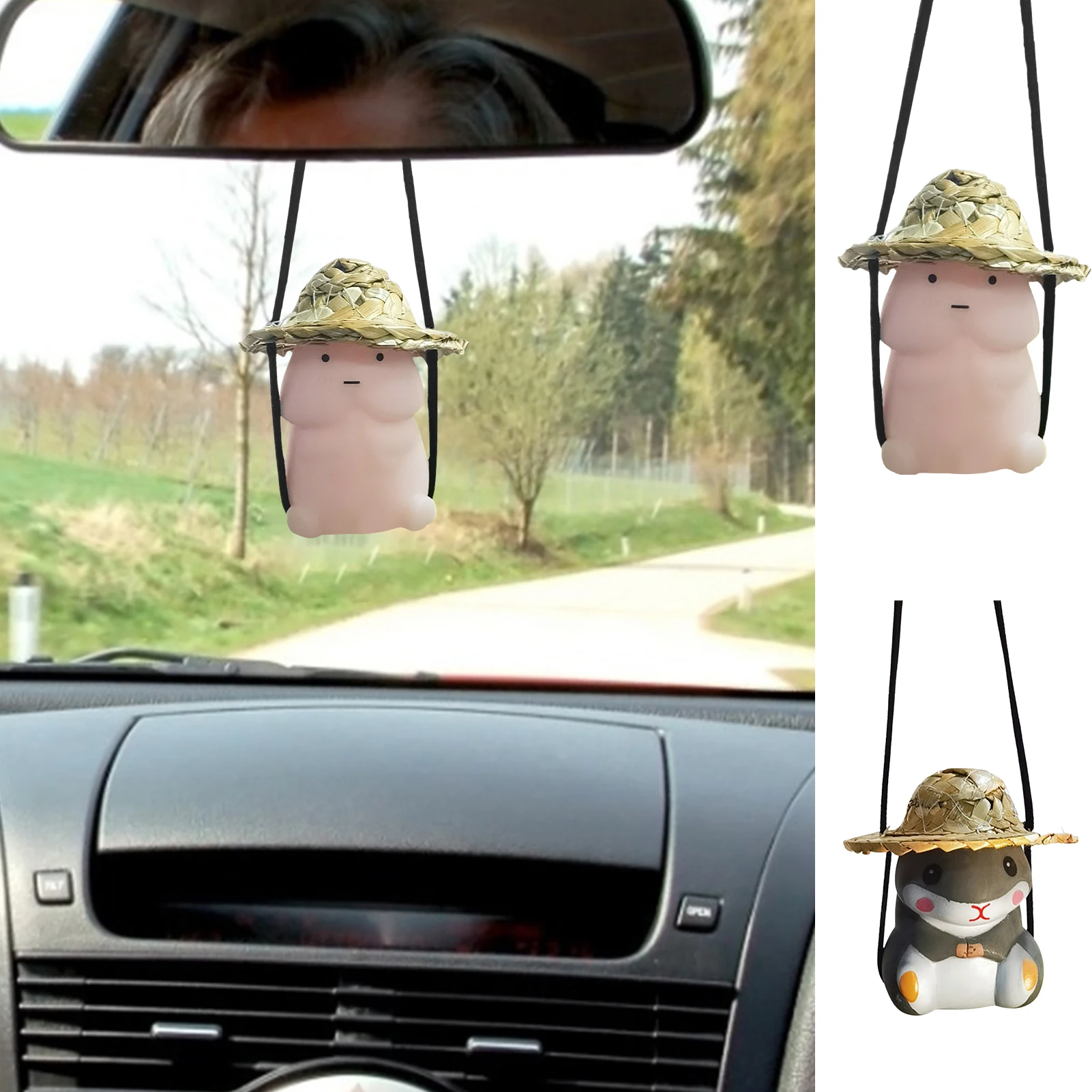 Sevimli Salıncak Dick / Fare Hasır Şapka İle Araba Kolye Oto dikiz aynası askı süsleri İç Dekorasyon Aksesuarları