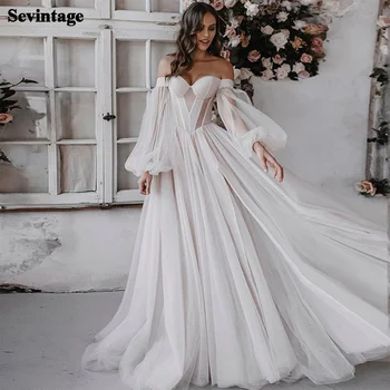 Sevintage Boho Gelinlik Tül Puf Kollu A-Line Sevgiliye Gelin kıyafeti Uzun Kollu Kapalı Omuz düğün elbisesi  10