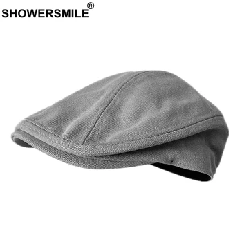 SHOWERSMILE Erkekler Bere Şapka %100 % Pamuk Gri Düz Kapaklar Erkek Bahar Katı Vintage Direktörleri Sürüş Şapka İngiliz Gatsby Tarzı Şapkalar  10