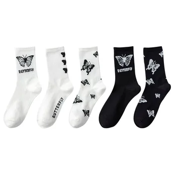 Siyah Beyaz Pamuklu Kadın Çorap Moda Kelebek Desen Çorap Nefes Japon Harajuku Çorap Hip-Hop Tarzı Çorap Kadınlar için  10