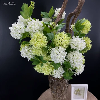 SunMade Yüksek Kalite 5-Kafa Kartopu Ortanca Şube Ipek yapay çiçekler Ev Düğün Dekor Yeşil Flores Beyaz Süslemeleri  10