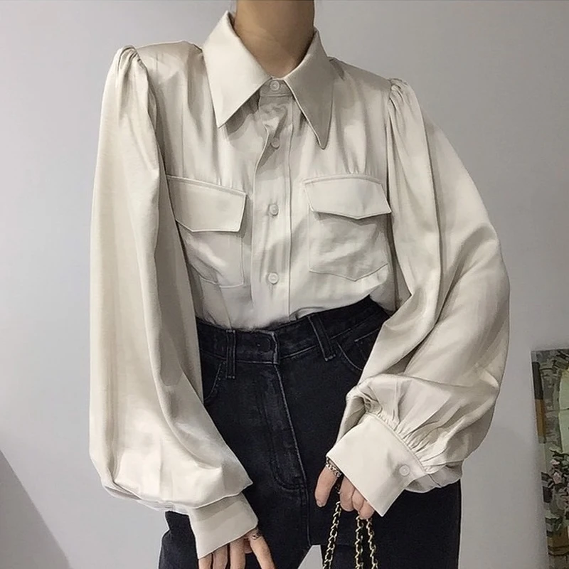 Tek Göğüslü Gömlek Kadın Vintage Fener Kollu Bluzlar Kadın Yeni Moda Turn-aşağı Yaka Ofis İş Bluzlar Tops 18159