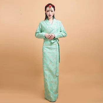 Tibet Elbise Geleneksel Çin Giyim Kadınlar için Uzun Kollu Açık Yeşil Oryantal Tibet Elbise  10