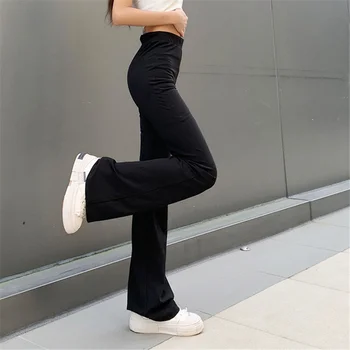 Tüm Maç Kadın Moda Elastik Bel Siyah Alevlendi Pantolon Düz Renk Yüksek Bel Geniş Bacak Pantolon Rahat Hipster Streetwear  10