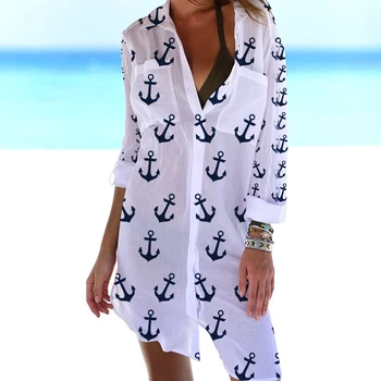 Uzun Kollu Turn Down Yaka Bluz Kadınlar Plaj Tarzı Giysiler Üst Tekne Çapa Baskı Yaz T Gömlek Seksi Büyük Düğme Gömlek  10