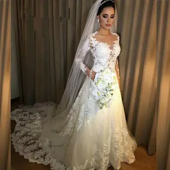 Vestidos de Noiva Bir Çizgi Dantel düğün elbisesi 2019 See Through Geri Seksi Uzun Kollu düğün elbisesi es Robe De Mariage gelinlikler  10