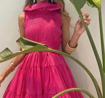 Vinca Güneşli Vintage Gül Kırmızı Müslüman Tafta Abiye A-Line Plise Ayak Bileği Uzunluk Fermuar Geri Robe de soirée Kadınlar için  10