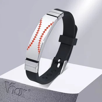 Vnox Spor Beyzbol Silikon Bilezikler Erkekler için, Paslanmaz Çelik KİMLİK Etiketi ile Siyah lastik bantlar Bileklik Uzunluğu Ayarlanabilir  0