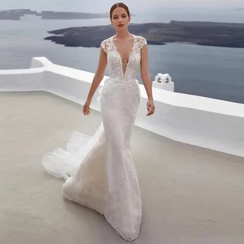 Weilinsha Plaj düğün elbisesi 2023 Seksi Derin V Yaka Kapalı Omuz gelinlik Dantel Kadınlar İçin Backless Tül Vestido De Novia  10