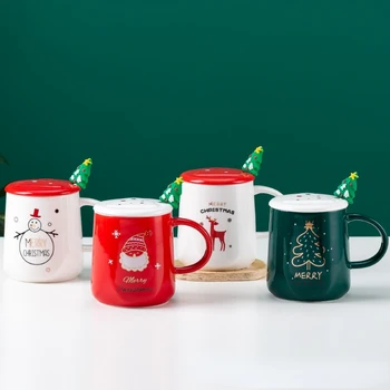 Yaratıcı Karikatür Noel Ağacı Seramik Kupa Santa Kupa Hediye Seti Kahve kapaklı bardak Kaşık Göndermek Arkadaşlar Tatil Hediyeler  1