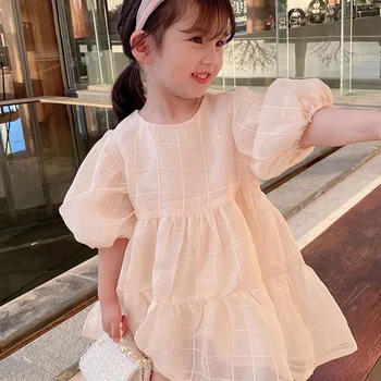 Yaz Kız Elbise Tatlı Yeni Stil Ekose Açık Renk Puf Kollu Prenses Elbise Bebek Çocuk Giysileri Çocuk giyim  10