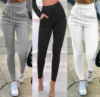 Yeni Kadın Yüksek Bel Dantel-up Pantolon Düz Renk Joggers Sweatpants Moda Bayanlar Slim Fit kalem pantolon Streetwear  10